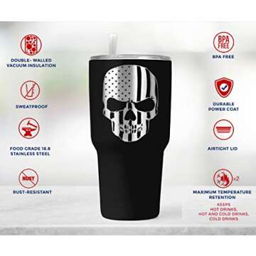 American Flag Skull 30oz Patriotic Tumbler - American Flag Tumbler Travel Mug - Patriotic Coffee Travel Mug - Double Insulated 30oz Tumbler - Engraved in the USA - (American Flag Skull)