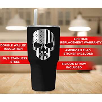 American Flag Skull 30oz Patriotic Tumbler - American Flag Tumbler Travel Mug - Patriotic Coffee Travel Mug - Double Insulated 30oz Tumbler - Engraved in the USA - (American Flag Skull)