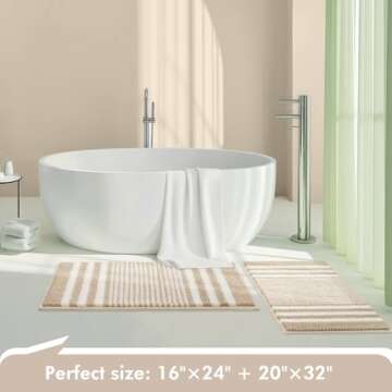 Starryle Bathroom Rugs Set 2 Piece, Extra Soft and Absorbent Fluffy Striped Chenille Bath Mat Rug Set, Non Slip Bathroom Floor Mat, Machine Washable (20" x 32" Plus 16" x 24", Khaki)