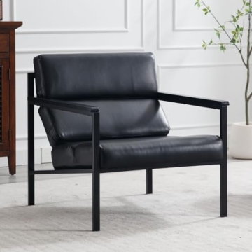 ROCITY Black Leather Accent Chair - Stylish Upholstered Arm Chair with Metal Frame for Living Room, ...
