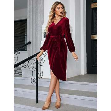 BerryGo Women's Winter Velvet Wrap High Low Cocktail Long Sleeve Dress V Neck Holiday Semi Formal Sparkly Midi Dress with Slit Wine Red XL
