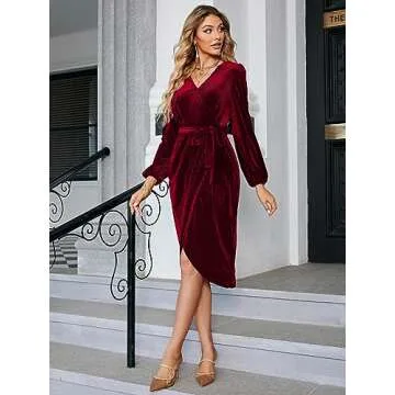 BerryGo Women's Winter Velvet Wrap High Low Cocktail Long Sleeve Dress V Neck Holiday Semi Formal Sparkly Midi Dress with Slit Wine Red XL