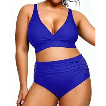 Yonique Womens Plus Size Bikini High Waisted Swimsuits Two Piece Bathing Suits Tummy Control Swimwear Royal Blue 18Plus