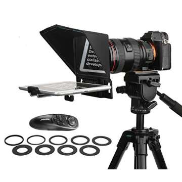 Desview T2 Portable Teleprompter kit for Smartphone Tablet DSLR Camera, with Remote Control and 9 Sizes Lens Adapter Ring, Interview, Video Programs, Live Streaming, Presentation