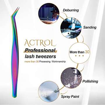 ACTROL Eyelash Extension Tweezers Set 3 PCS for Volume lashes Stainless Steel professional Precision Tweezers Straight and Curved Tip Tweezers (1pcs, Rainbow)