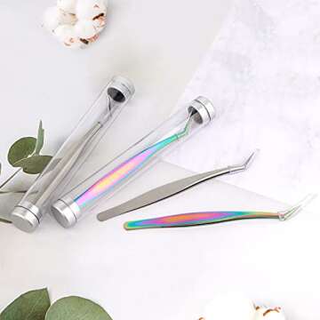 ACTROL Eyelash Extension Tweezers Set 3 PCS for Volume lashes Stainless Steel professional Precision Tweezers Straight and Curved Tip Tweezers (1pcs, Rainbow)