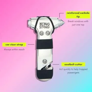 BLINGSTING Glammer Safety Hammer - Emergency Automotive Escape Hammer Tool, Seat Belt Cutter & Car Window Break Tool - White & Silver, 2 Count