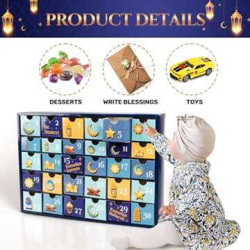 MOVINPE Ramdan Calendar with Drawers 2025 Ramadan Gifts for Kids, 30 Pre-Assembled Empty Boxes Eid Mubarak Coutdown Calendar Fillable Islamic Art Gift Box, Ramadan Party Supplies Blue