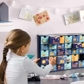 MOVINPE Ramdan Calendar with Drawers 2025 Ramadan Gifts for Kids, 30 Pre-Assembled Empty Boxes Eid Mubarak Coutdown Calendar Fillable Islamic Art Gift Box, Ramadan Party Supplies Blue