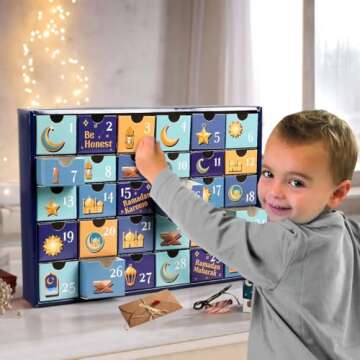 MOVINPE Ramdan Calendar with Drawers 2025 Ramadan Gifts for Kids, 30 Pre-Assembled Empty Boxes Eid Mubarak Coutdown Calendar Fillable Islamic Art Gift Box, Ramadan Party Supplies Blue