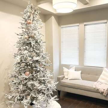 Fraser Hill Farm 9-Ft. Mountain Pine Flocked Artificial Christmas Tree with Warm White LED Lights and Stand, Prelit Foldable Fake Tree with Realistic Snowy Foliage for Home Decoration