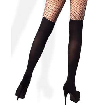 Mila Marutti Mock Suspender Pantyhose for Women | Black Faux Thigh High Stockings | Patterned Fashion Fishnet Tights - L, Black