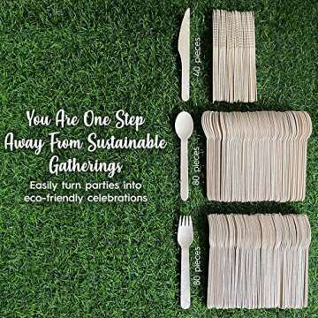 100% All Natural Disposable Wooden Cutlery Set. Compostable Biodegradable Utensils Pack of 200pcs. 80 Forks 80 Spoons 40 Knives