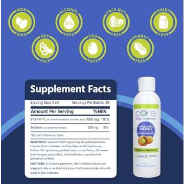 Core Med Science Liposomal Vitamin C 1000mg Liquid - Original Formula, 5 Fl Oz - Natural Liposomal Vitamin C Supplement Non-GMO - Immune System Booster for Adults - Supports Collagen Formation