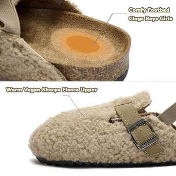GEMAX Boston Toddler Kids Clogs Slippers - Comfy Soft Cork Footbed Fuzzy Lined Slip On Adjustable Buckles Back Strap Slippers Clogs for Boys Girls Non-Slip Indoor Outdoor Khaki US Size Toddler 6-6.5