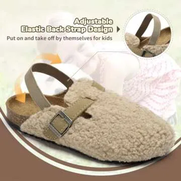 GEMAX Boston Toddler Kids Clogs Slippers - Comfy Soft Cork Footbed Fuzzy Lined Slip On Adjustable Buckles Back Strap Slippers Clogs for Boys Girls Non-Slip Indoor Outdoor Khaki US Size Toddler 6-6.5