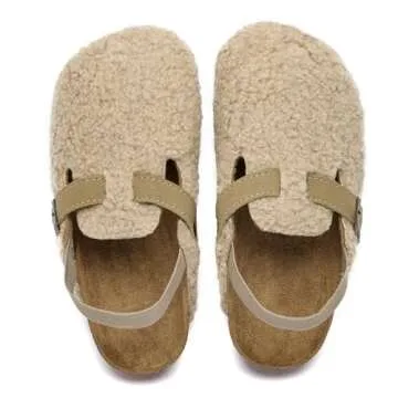 GEMAX Boston Toddler Kids Clogs Slippers - Comfy Soft Cork Footbed Fuzzy Lined Slip On Adjustable Buckles Back Strap Slippers Clogs for Boys Girls Non-Slip Indoor Outdoor Khaki US Size Toddler 6-6.5
