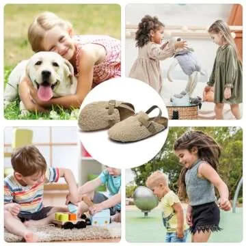 GEMAX Boston Toddler Kids Clogs Slippers - Comfy Soft Cork Footbed Fuzzy Lined Slip On Adjustable Buckles Back Strap Slippers Clogs for Boys Girls Non-Slip Indoor Outdoor Khaki US Size Toddler 6-6.5