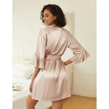 Ekouaer Women's Silk Robe Set V-neck 2 Piece Bridal Party Robes and Satin Bathrobe Set with Pockets (Champagne, Medium)