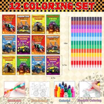 Miucat 12Pcs Monster Truck Party Favors Coloring Books with 12Pcs Stacking Crayons, Machines Jam Bir...