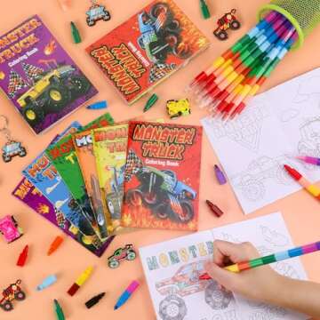 Miucat 12Pcs Monster Truck Party Favors Coloring Books with 12Pcs Stacking Crayons, Machines Jam Birthday Favors Books for Kids Boys Gifts Classroom Supplies