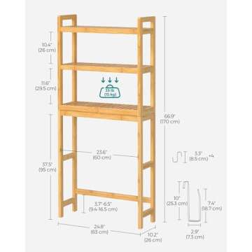 SONGMICS Over The Toilet Storage, 3-Tier Over Toilet Bathroom Organizer with Adjustable Shelf, Fit Most Toilets, Space-Saving, Natural UBTS001N01
