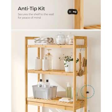 SONGMICS Over The Toilet Storage, 3-Tier Over Toilet Bathroom Organizer with Adjustable Shelf, Fit Most Toilets, Space-Saving, Natural UBTS001N01