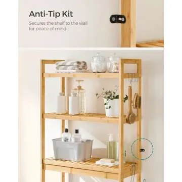 SONGMICS Over The Toilet Storage, 3-Tier Over Toilet Bathroom Organizer with Adjustable Shelf, Fit Most Toilets, Space-Saving, Natural UBTS001N01