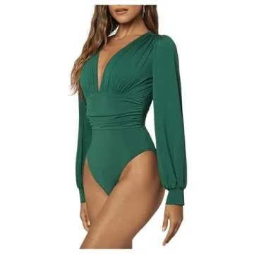 WDIRARA Women's Deep V Neck Ribbed Bodysuit - Stylish Fit