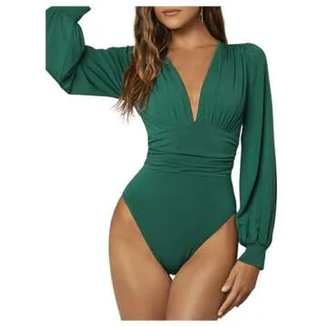 WDIRARA Women's Deep V Neck Ribbed Bodysuit - Stylish Fit