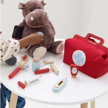 Le Toy Van - Kids Wooden Educational Pretend Play Honeybake Doctor's Medical Play Set Kit | Kids Pretend Play Role Play For Boys And Girls | 3 Year Old +, 8.66" x 5.70" x 5.90" (TV292), Red
