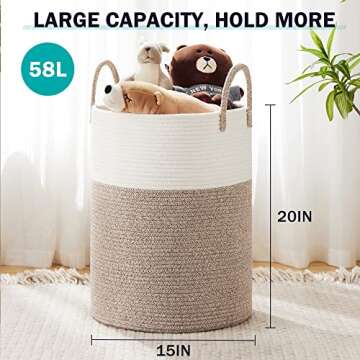 YOUDENOVA Woven Rope Laundry Hamper Basket, 58L Tall Laundry Basket, Baby Nursery Hamper for Blanket...