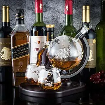 Whiskey Decanter Set,Globe Decanter,Whiskey Gifts for Men Husband Him Boyfriend Dad Women,with 2 Glasses,Beads,4 Ice Cubes,Tong & Funnel,Beverage Drink Dispenser,for Whisky,Liquor,Wine,Brandy,Cognac