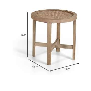 MFSTUDIO Small Round End Table Antique Boho Modern Farmhouse with Natural Woven Rattan Top and Wood ...