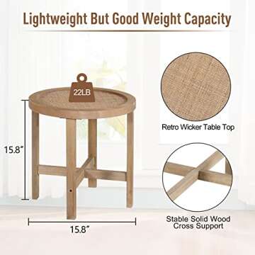 MFSTUDIO Small Round End Table Antique Boho Modern Farmhouse with Natural Woven Rattan Top and Wood Frame Tea Coffee Table Nightstand Bedside Side Table for Living Room Bedroom Balcony 15.8"x15.8"
