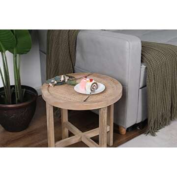 MFSTUDIO Small Round End Table Antique Boho Modern Farmhouse with Natural Woven Rattan Top and Wood Frame Tea Coffee Table Nightstand Bedside Side Table for Living Room Bedroom Balcony 15.8"x15.8"