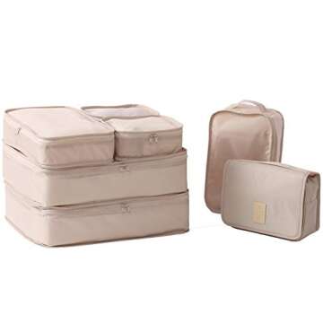 Travel Packing Cubes 7 Set, JJ POWER Luggage Organizers with toiletry kit shoe bag (Beige)