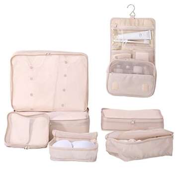 Travel Packing Cubes 7 Set, JJ POWER Luggage Organizers with toiletry kit shoe bag (Beige)