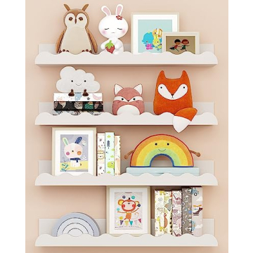 Kids' Bookshelf Set of 4 - White Floating Nursery Book Shelves, Picture Ledge Shelf for Wall Decor a...