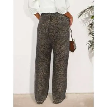 Women's Y2K Oversized Baggy Leopard Print Wide Straight Leg Jeans Stretchy High Waisted Cheetah Cargo Denim Pants (Dark Leopard,Medium,Medium)