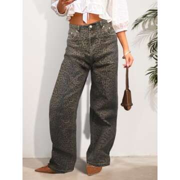 Women's Y2K Oversized Baggy Leopard Print Wide Straight Leg Jeans Stretchy High Waisted Cheetah Cargo Denim Pants (Dark Leopard,Medium,Medium)