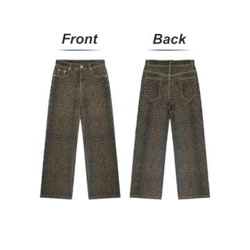 Women's Y2K Oversized Baggy Leopard Print Wide Straight Leg Jeans Stretchy High Waisted Cheetah Cargo Denim Pants (Dark Leopard,Medium,Medium)