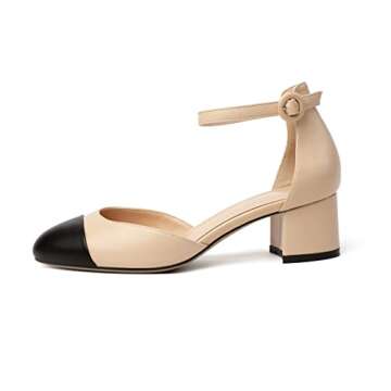 Eldof Women's Cap Toe Pumps, Ankle Strap Block Heels, 2 Inches Low Heel Pumps, Dress Wedding Party O...