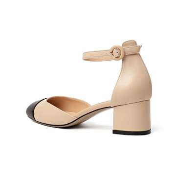 Eldof Women's Cap Toe Pumps, Ankle Strap Block Heels, 2 Inches Low Heel Pumps, Dress Wedding Party Office Shoes Black Beige- US7
