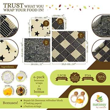 Reusable Beeswax Wraps for Food, Set of 6 Organic Wax Wraps for Food Reusable; Reusable Beeswax Paper Food Wrap; Reusable Wax Food Wrap for Bread, Sandwich; Bees Wax Paper for Covering Food Bowls