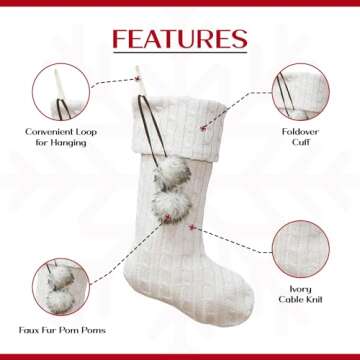 New Traditions Simplify Your Holiday Cable Knit Christmas Stockings with Pom Poms, 20 Inches Long, Set of 3 Knitted Stockings (Ivory/Ivory Poms)