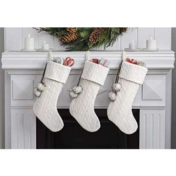 New Traditions Simplify Your Holiday Cable Knit Christmas Stockings with Pom Poms, 20 Inches Long, Set of 3 Knitted Stockings (Ivory/Ivory Poms)