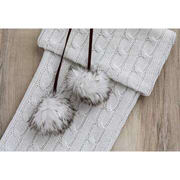 New Traditions Simplify Your Holiday Cable Knit Christmas Stockings with Pom Poms, 20 Inches Long, Set of 3 Knitted Stockings (Ivory/Ivory Poms)