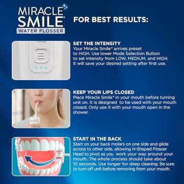 Ontel Miracle Smile Water Flosser for Teeth&Gum Health, Unique H-Shaped Flossing Head&4 Water Jets, Cordless Water Flosser Features 360° Cleaning&3 Pressure Modes, USB Rechargeable Dental Floss, White