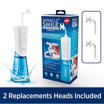 Ontel Miracle Smile Water Flosser for Teeth&Gum Health, Unique H-Shaped Flossing Head&4 Water Jets, Cordless Water Flosser Features 360° Cleaning&3 Pressure Modes, USB Rechargeable Dental Floss, White